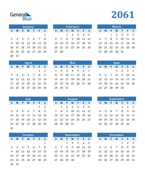 2061 Calendar Pdf Word Excel