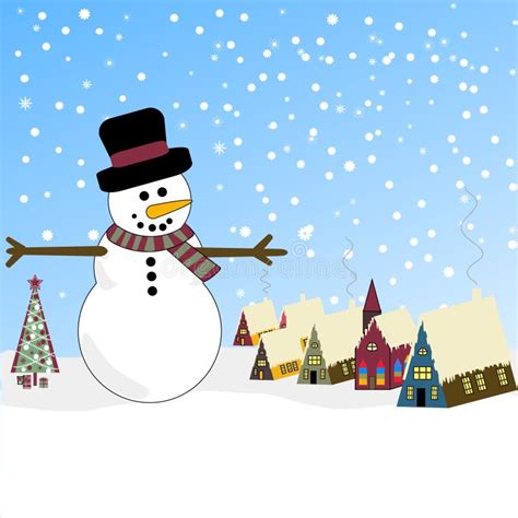 Winter Scene With Snowman And Bavarian Village Stock Vector