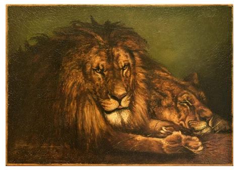 Unknown Lion And Lioness Original Oil On Canvas Early 20th Century