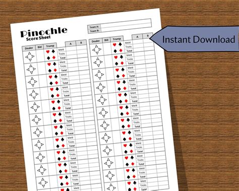 Printable Pinochle Game Score Sheet Etsy