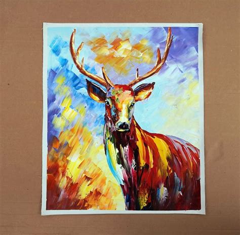 Hand Painted Palette Knife Impressionist Deer Oil Painting On Canvas