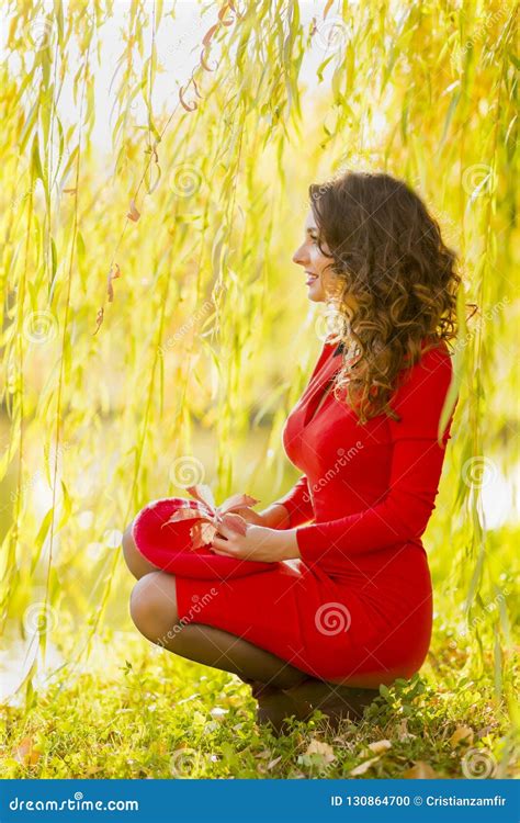 Woman In Red Dress On A Sunny Autumn Day Stock Photo Image Of