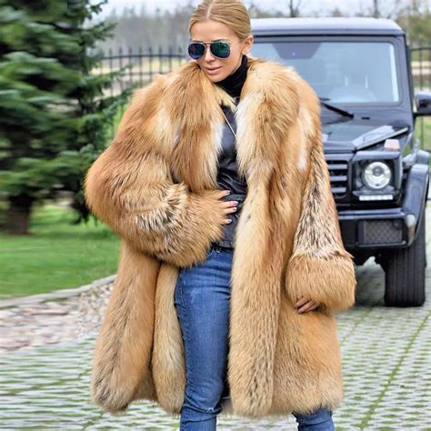 2019new Fashion Women Real Red Fox Fur Coat With Hood And Turn Down