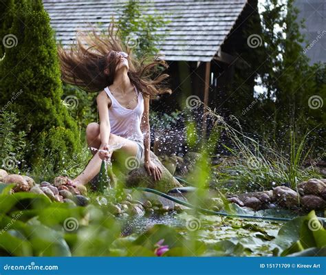 Young Happy Girl With Garden Streamlet Near Pond Stock Image Image Of