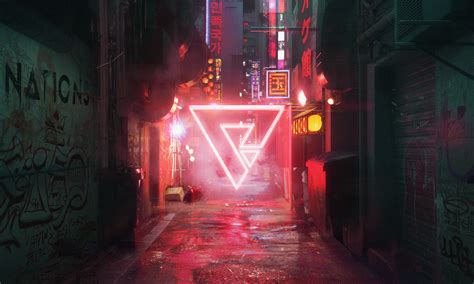 Cyberpunk Street Neon Abstract Triangle Art 5k Wallpaperhd Photography