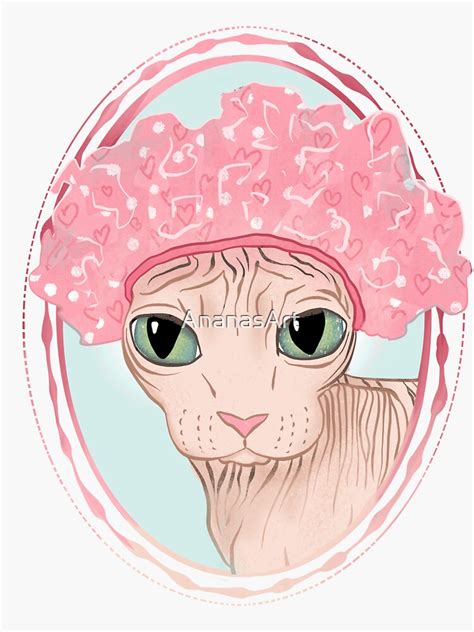Hairless Sphynx Cat Wearing A Pink Shower Cap Sticker By Ananasart Redbubble