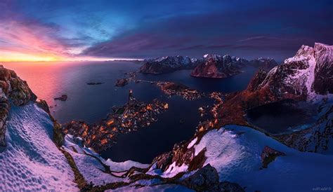 Norway Island Sunrise Sea Snow Winter Cityscape