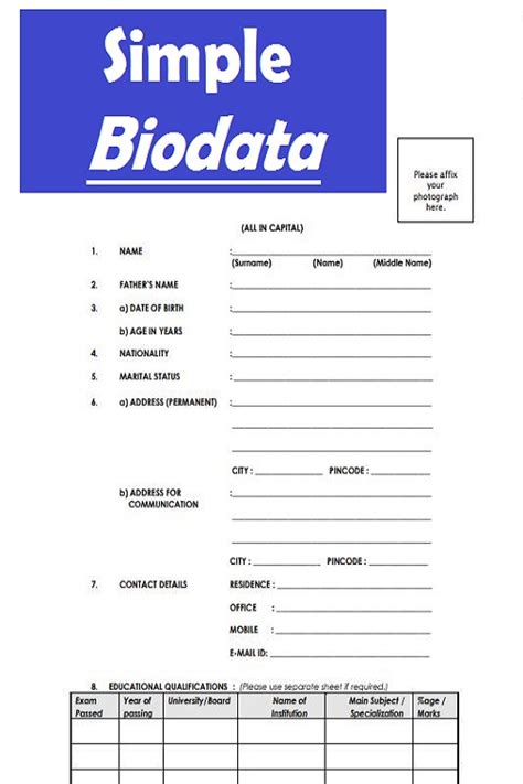 Bio Data Sheet Sample Medical Resume
