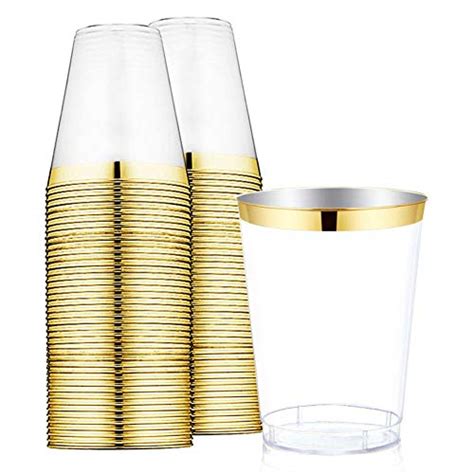 60pack Gold Plastic Cups 9 Oz Disposable Clear Plastic Cups With Gold Rim Hard Party Wedding