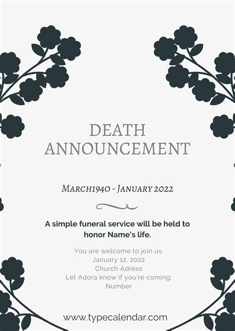 Free Printable Death Announcement Templates Word Examples