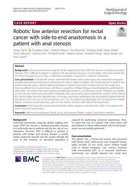 PDF Robotic Low Anterior Resection For Rectal Cancer With Side To End