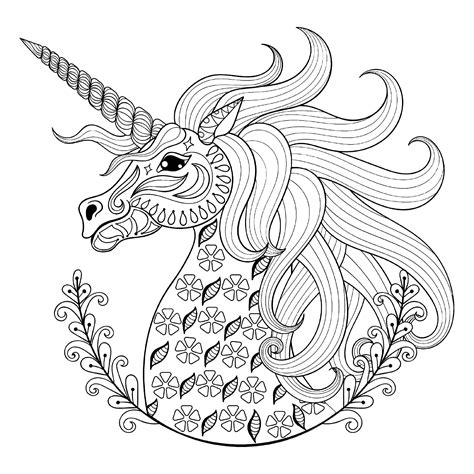 The unicorn is a mythical animal similar to a horse with a long horn on a forehead. Unicorn head with patterns - Unicorns Adult Coloring Pages
