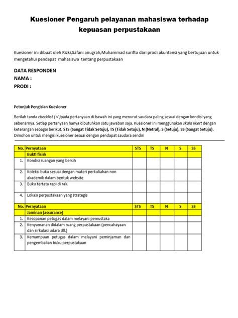 Kuesioner Pengaruh Pelayanan Mahasiswa Terhadap Kepuasan Perpustakaan Pdf