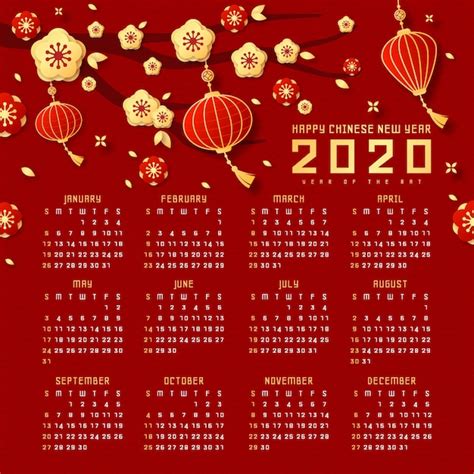Free Vector Red And Golden Chinese New Year Calendar With Lamps