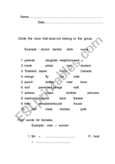 english worksheets noun