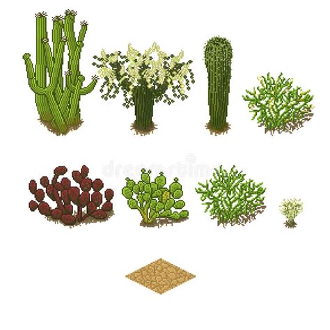 Pixel Art Cactus Tilesets And Plants Vector Game Stock Vector