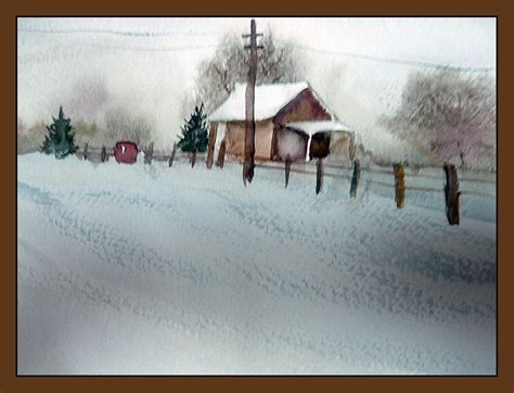 Watercolor Barn In The Snow Рисунки