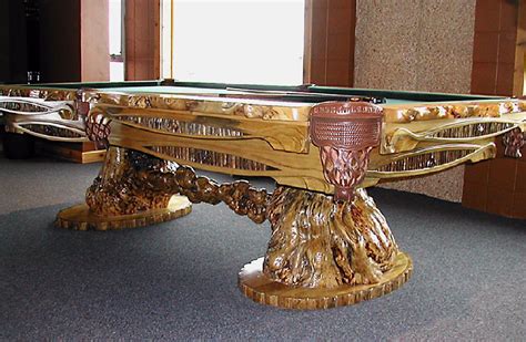 Burl Accented Billiard Table With Hand Carved Body And Free Form Rails