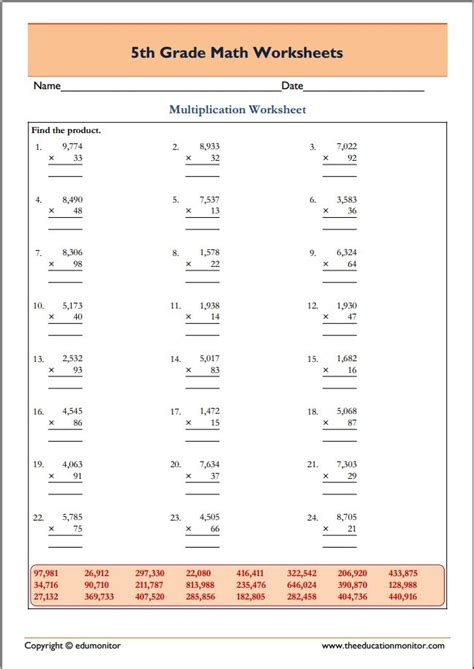 5th Grade Math Multiplication Worksheets 4 X 2 Digits Edumonitor