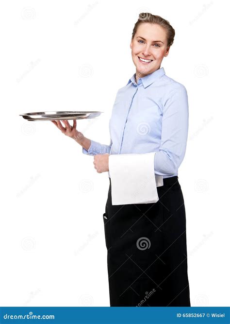 Waitress Holding Tray Isolated Over White Background Smiling Stock
