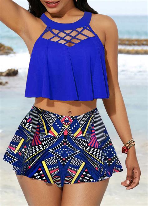Blue Cage Neck Top And Tribal Print Pantskirt In 2020 Print Swimwear