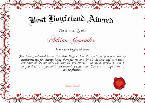 Best Boyfriend Award Certificate Unique Best Boyfriend Award