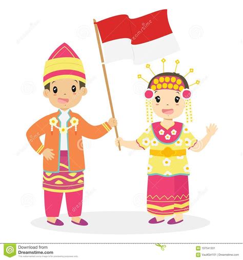 South Kalimantan Children Holding An Indonesian Flag Cartoon Vector