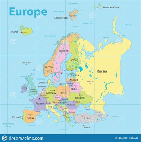 Europe Map Colorful New Political Detailed Map Separate Individual