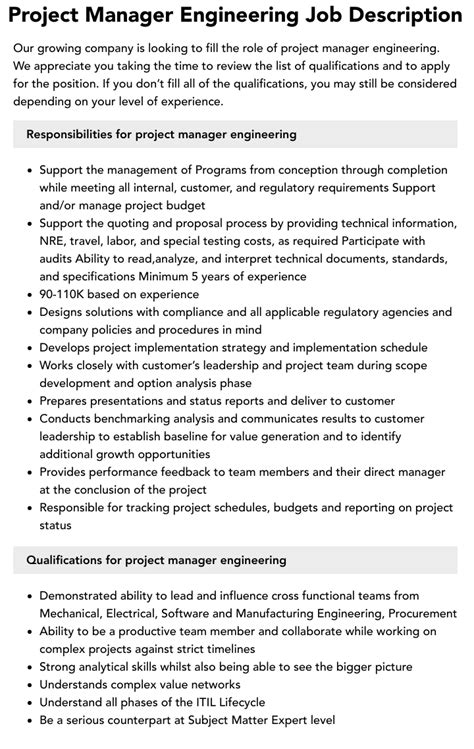 Project Manager Engineering Job Description Velvet Jobs