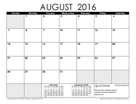 August Calendar 2016 Template Excel