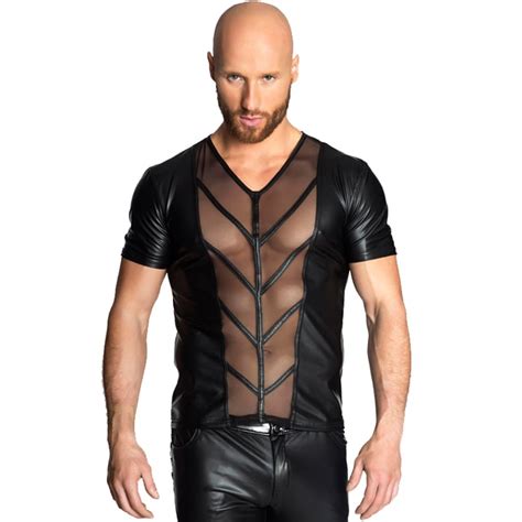 Plus Size Cool Men PU Faux Leather T Shirts Mesh Hollow Hot Sexy Club