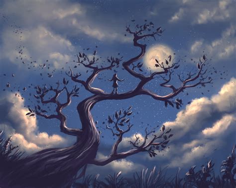 Women Digital Art Artwork Trees Sky Moon Drawing Nature Night