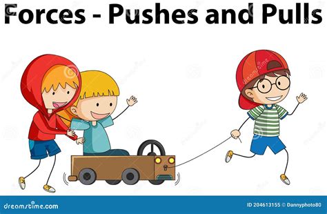 Showing Pushes And Pulls Force Example With Kids Character Stock Vector