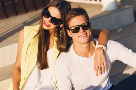 Close Up Fashion Portrait Of Young Stylish Cheerful Couple In Love
