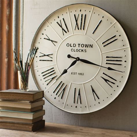 Enameled Aged White Vintage Style Oversized Metal Wall Clock