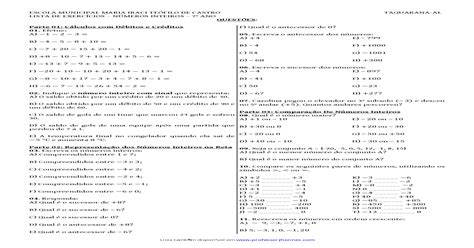 Exercícios Números Lista De ExercÍcios NÚmeros Inteiros 7º Ano