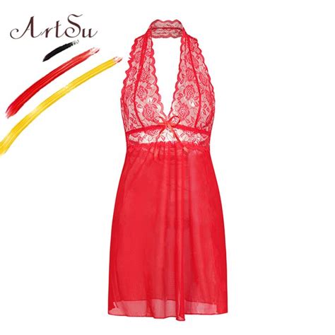 Artsu Women Sexy Nightgowns See Through Lace Nightwear Dress Sleepwear Red Color Halter Backless