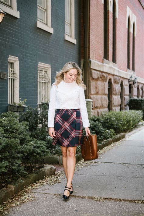 how to wear a plaid skirt to work — bows and sequins plaid skirt outfit fall business casual