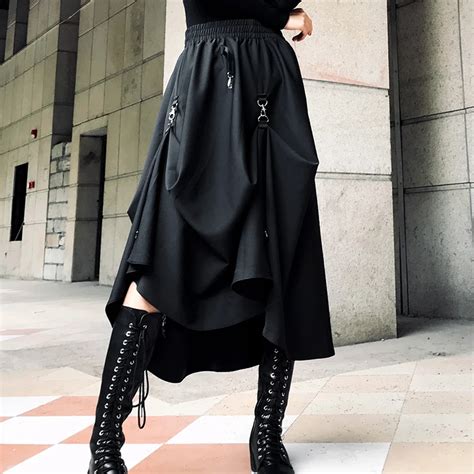 punk skirt women elastic high waist slim iron ring long black skirt 2019 new fold elegant skirt