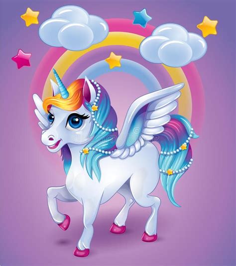 Illustration About Cute Baby Cartoon Unicorn With Wings On Rainbow