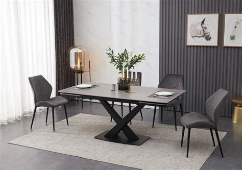 Ceramic Grey Table With 6 Modern Grey Velvet Dining Chairs Chelsea