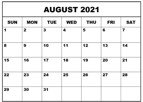 Free Printable August 2021 Calendar Blank Template With Holidays