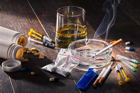 Addictive Substances Including Alcohol Cigarettes And Drugs Stock Photo