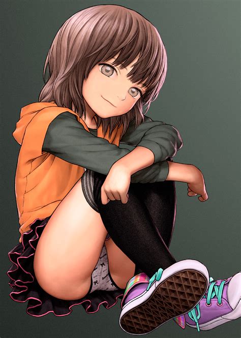 Rustle Original Highres Girl Black Skirt Black Thighhighs Brown Eyes Brown Hair Closed