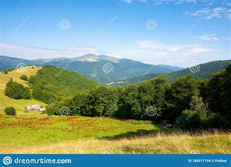 Mountain Landscape With Green Meadow On The Hill Foto De Stock Imagem