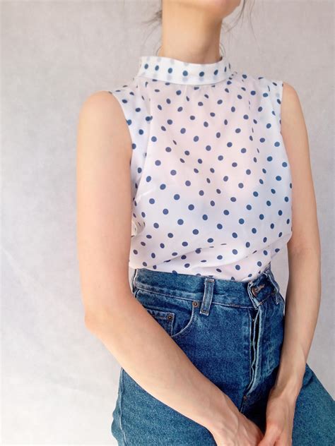 vintage polka dot top white blue blouse high neck top sleeveless dotted top 70s sheer top