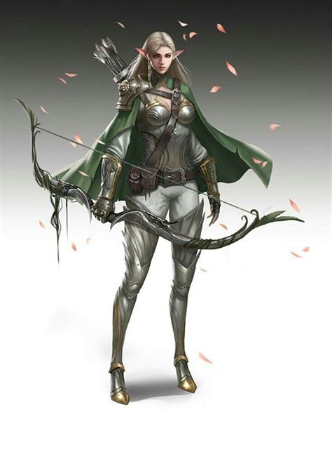 F High Elf Ranger Med Armor Cloak Longbow Character Art Female
