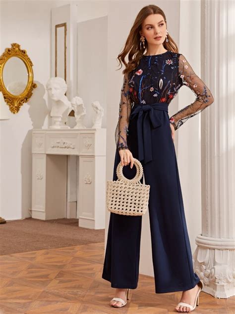 Shein Floral Embroidered Mesh Bodice Belted Jumpsuit Shein Uk