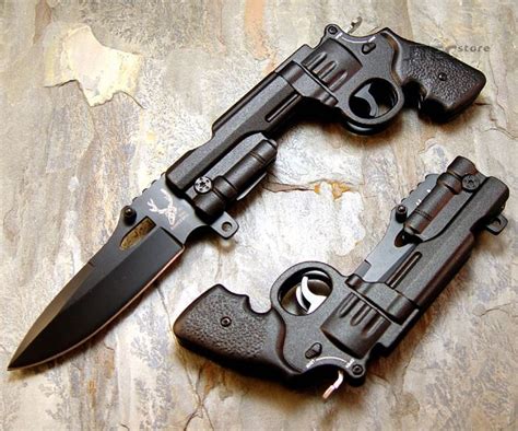8 Spring Assisted Revolver Pistol Gun Black Folding Pocket Knife W