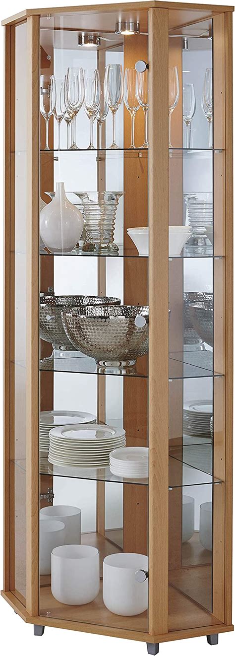 Lockable Fully Assembled Home Beech Corner Glass Display Cabinet 4 Glass Shelves Mirror Back